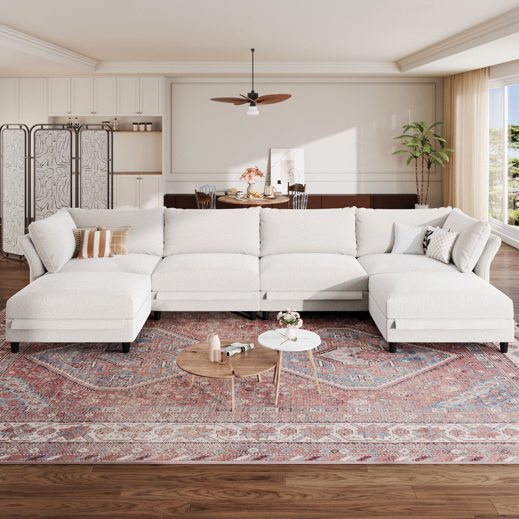 Modular Sectional Sofa with Storage Ottoman, 6 Seat Modular Sectional U Shaped Couch, Oversized Deep Seat Chenille Sofa for Living Room
