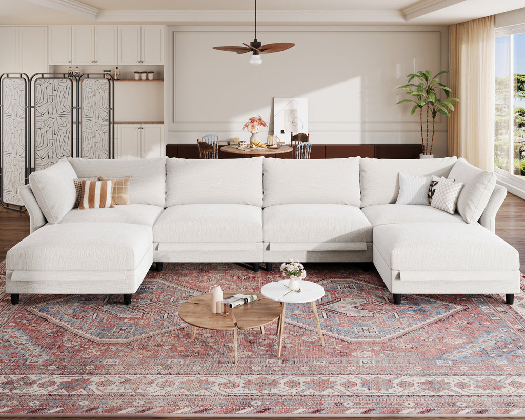 Modular Sectional Sofa with Storage Ottoman, 6 Seat Modular Sectional U Shaped Couch, Oversized Deep Seat Chenille Sofa for Living Room