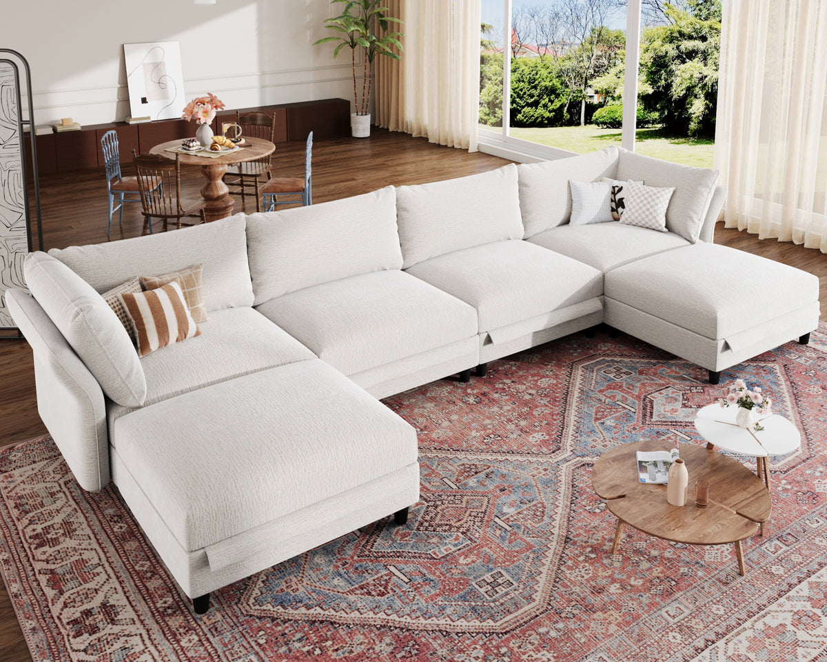 Modular Sectional Sofa with Storage Ottoman, 6 Seat Modular Sectional U Shaped Couch, Oversized Deep Seat Chenille Sofa for Living Room