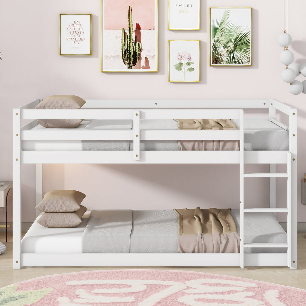 Twin Size Bunk Bed Frame, Wooden Bed Frame with Ladder, Bunk Bed with Guardrail for Bedroom, White