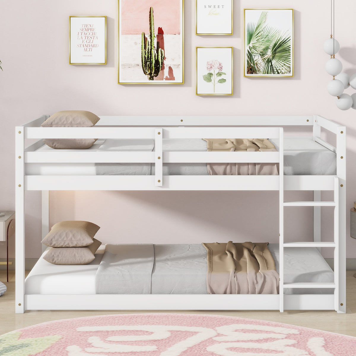 Twin Size Bunk Bed Frame, Wooden Bed Frame with Ladder, Bunk Bed with Guardrail for Bedroom, White