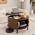 Round Lift Top Coffee Table with Hidden Storage Space Storage & Sliding Door, Mid Century Modern Wooden Center Table for Livingroom, Small Space, Small Space, Apartment, Walnut
