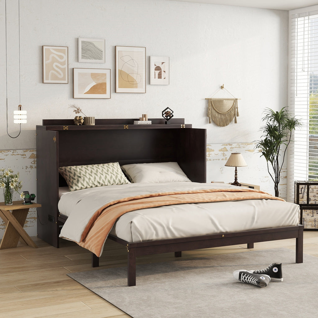 Queen Size Murphy Bed with Charging Station & 2 Storage Drawers,Folding Storage Wall Bed Furniture for Bedroom,Office,Guest Room, Espresso