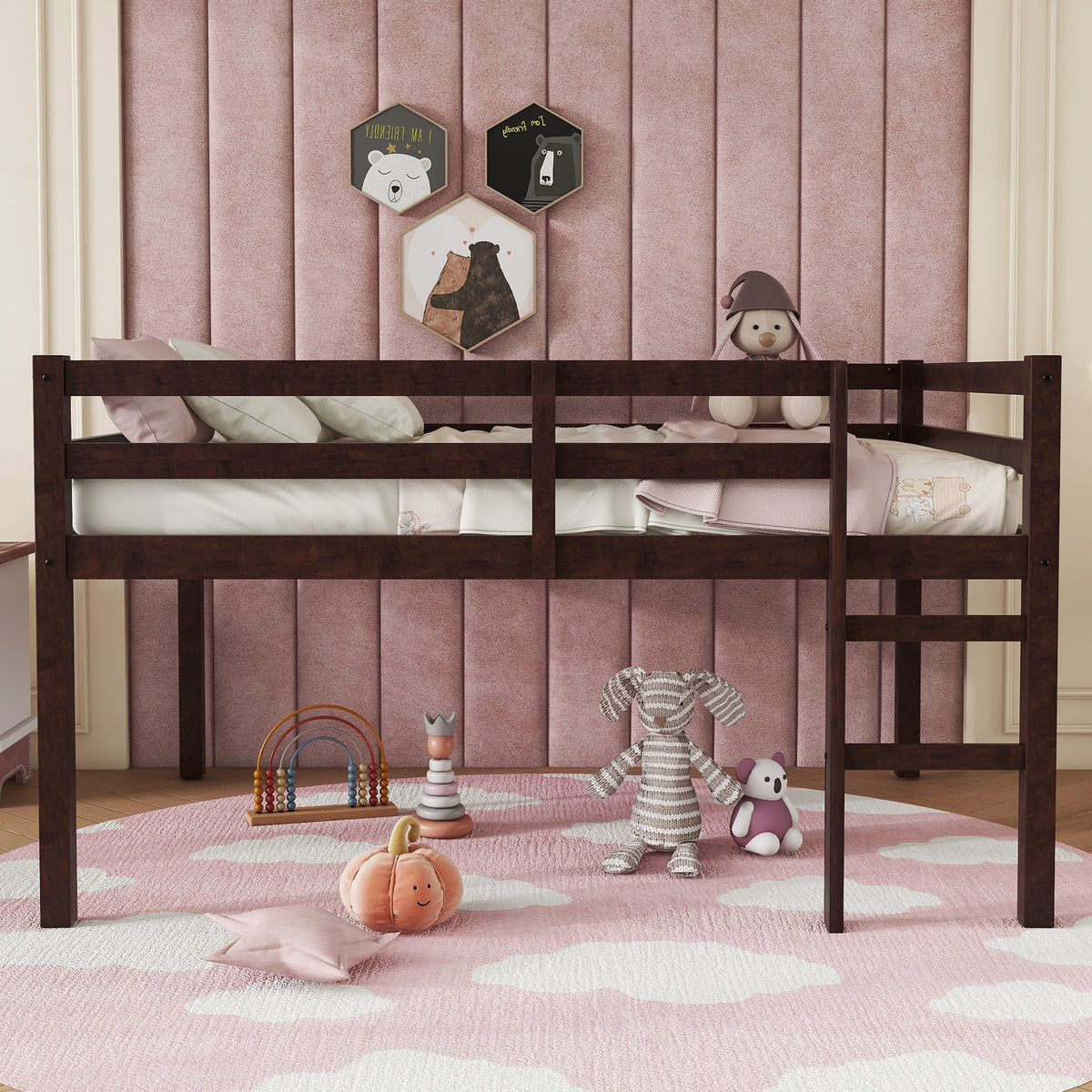 Full Low Loft Bed Frame, Solid Wood Elevated Bed with Guardrail, Space Saving Loft Bed for Bedroom, Espresso
