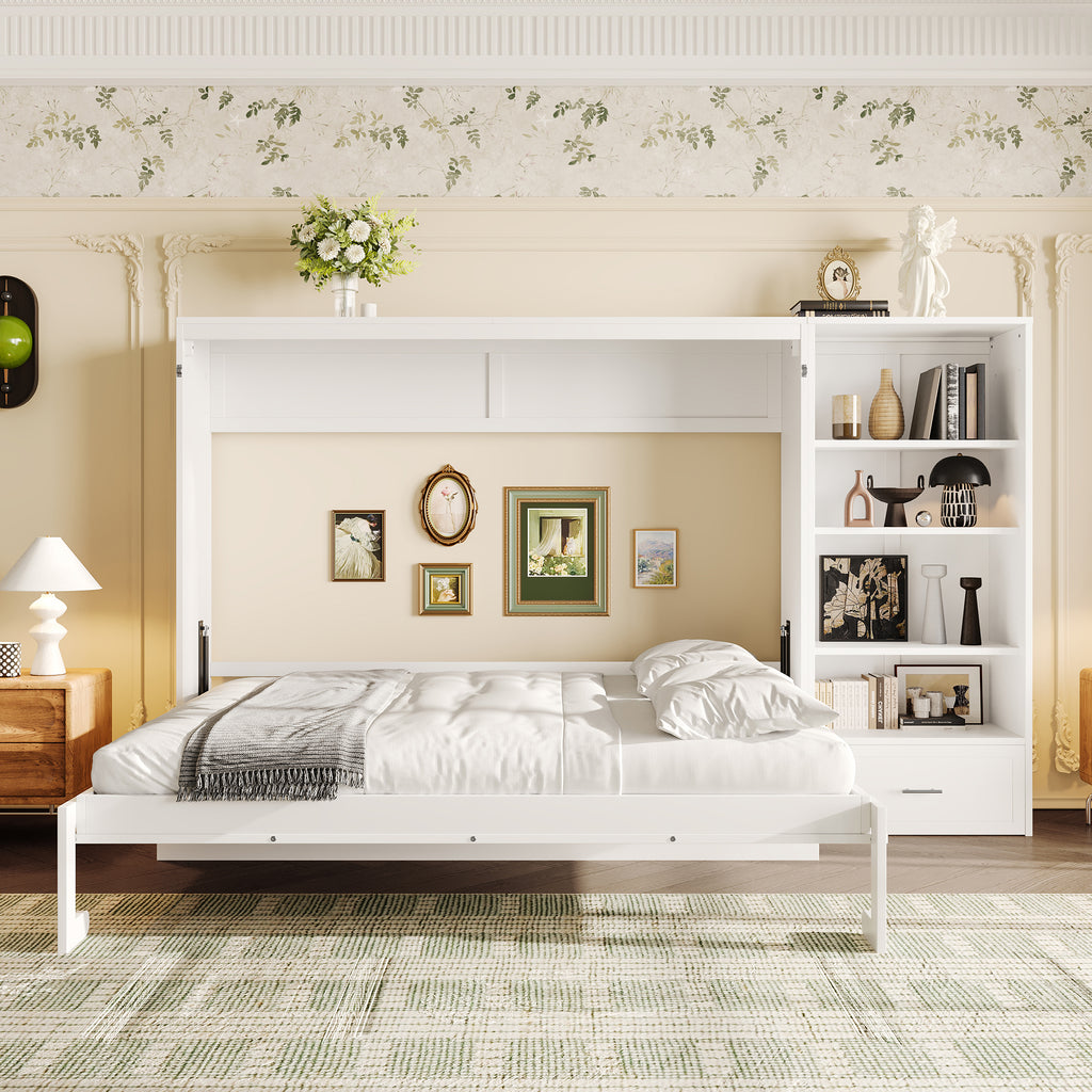 Queen Size Murphy Bed with Height Adjustable Storage Shelf & 1 Drawer, Wall Bed Multifunctional Foldable Platform Bed for Bedroom,Guest Room, White