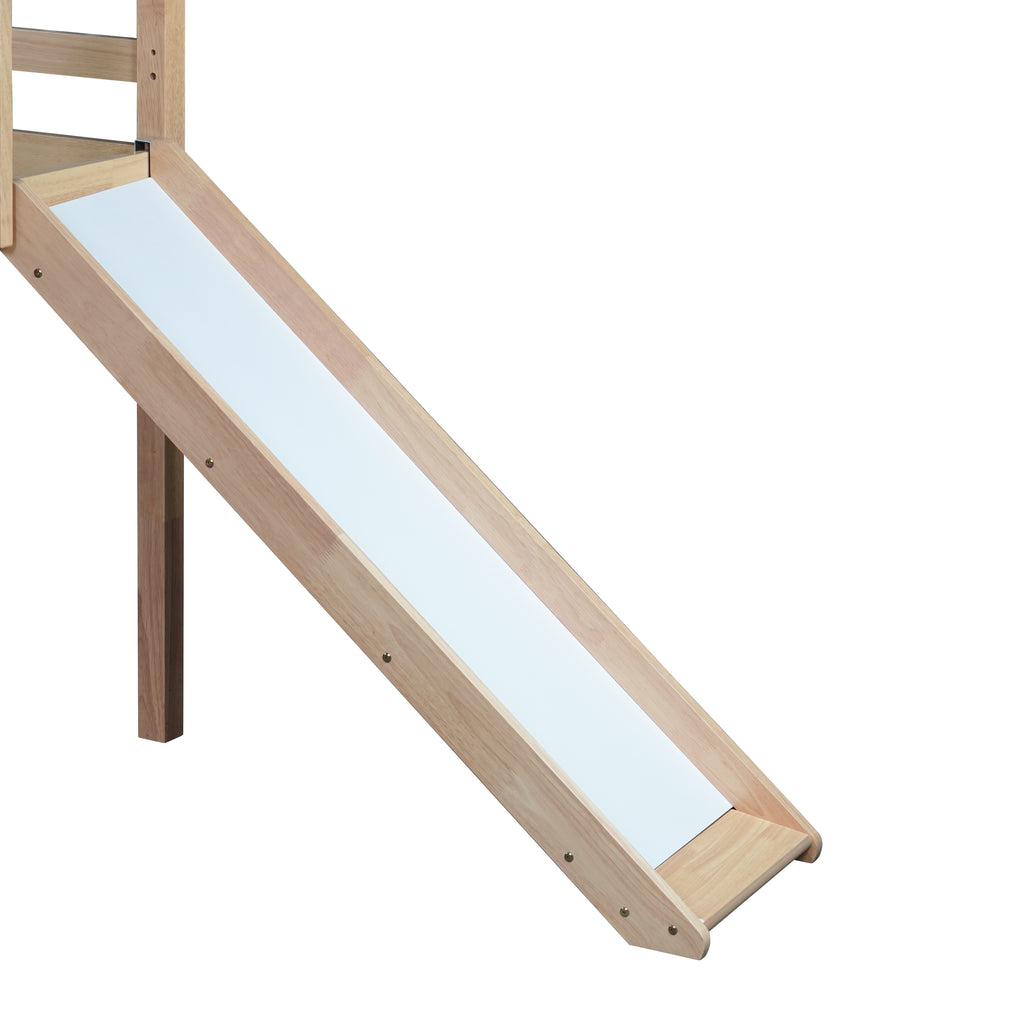 Twin Loft Bed with Slide, Solid Wood Elevated Bed Frame, Space Saving Loft Bed for Small Space Bedroom, Natural