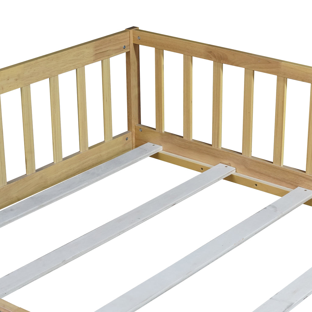 NYBOPAVIS Full Size Floor Bed with Fence&Door,Rubber Wood Floor Bed with Safety Guardrails, Montessori Bed Boys, Girls,Natural