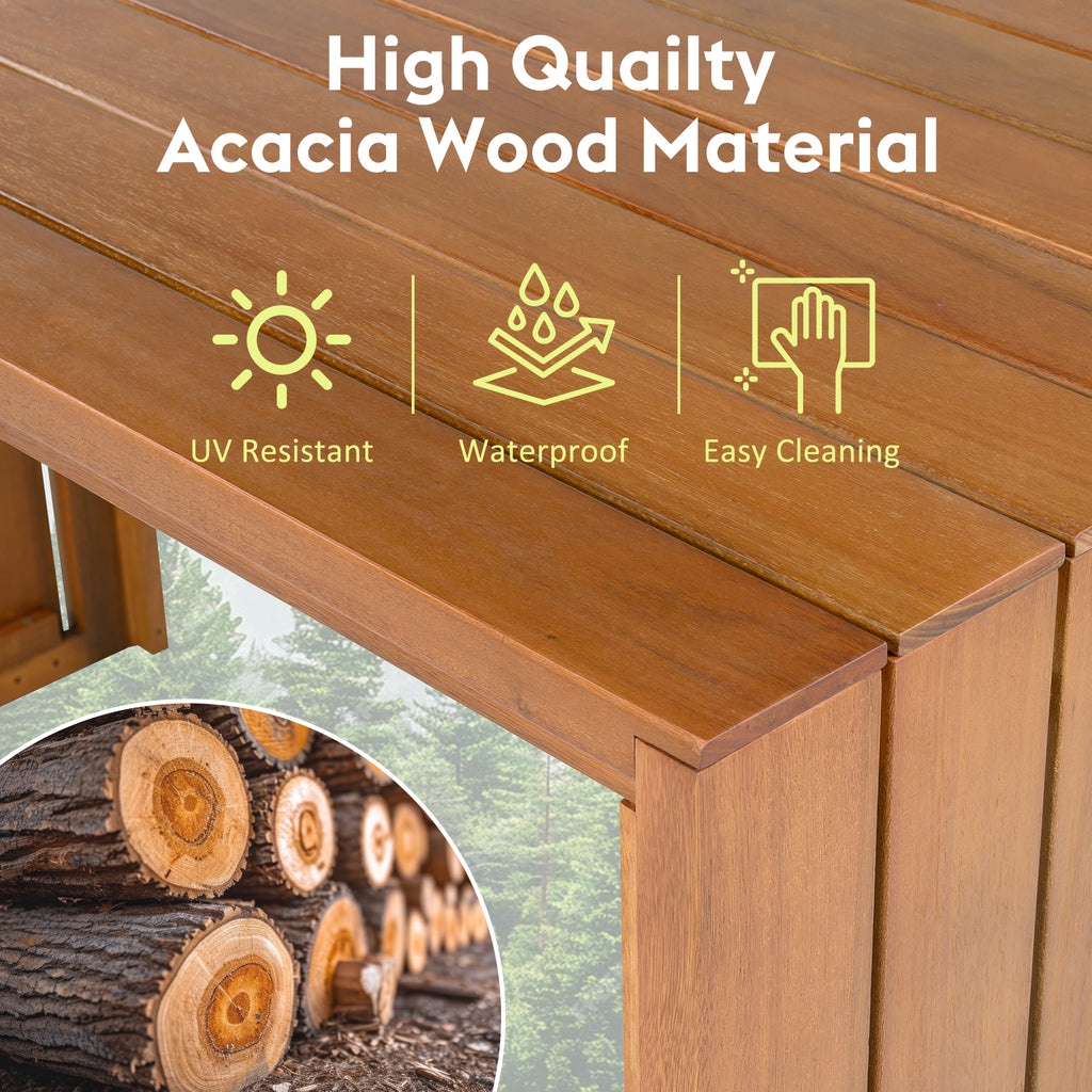 NYBOPAVIS 5 Piece Outdoor Bar Set, Acacia Wood Bar Height Table & 4 Cushioned Stools, Beige Cushion Natural Wood for Backyard，Poolside，Balcony