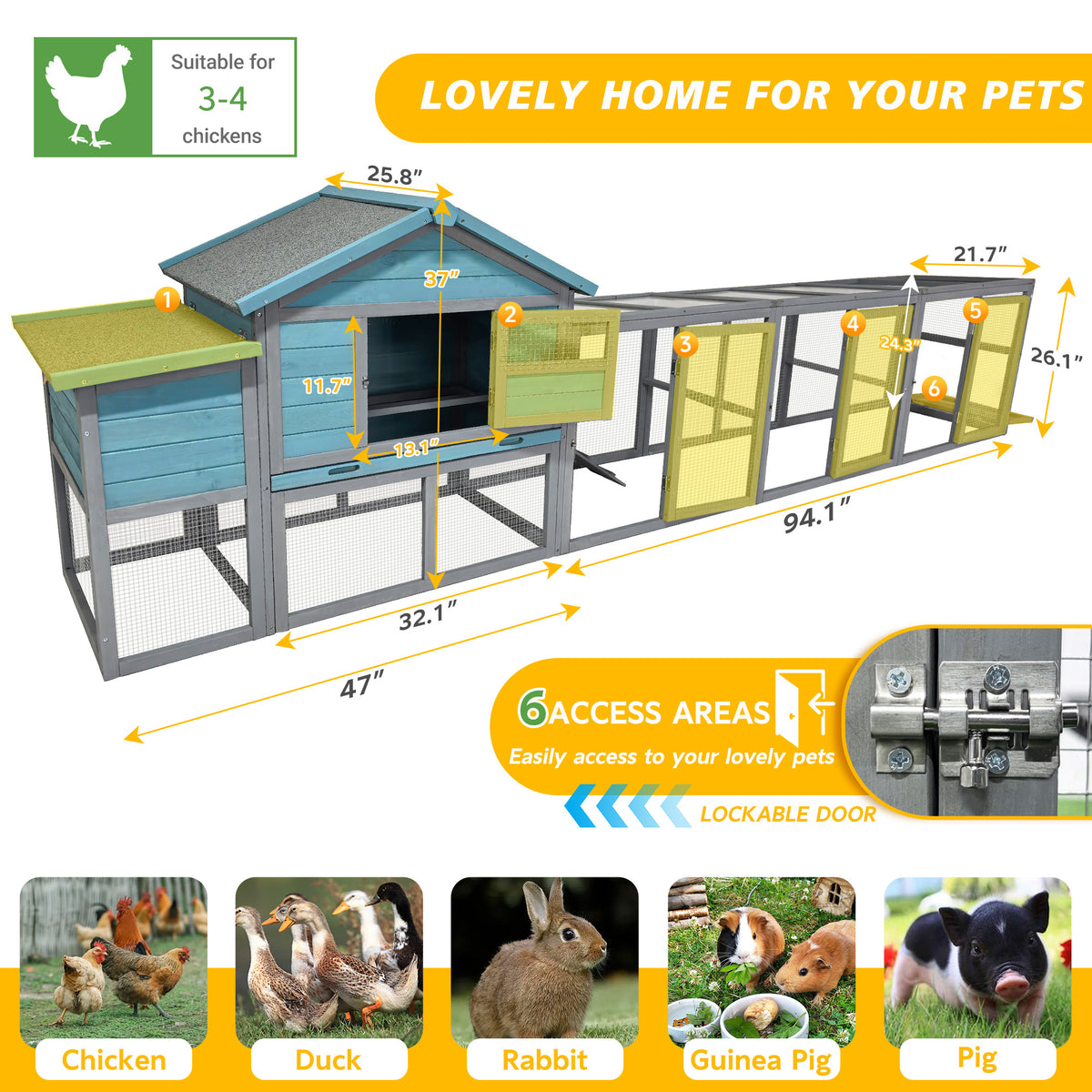 141＂Large Wooden Chicken Coop,21.2ft² Outdoor Hen House with Nesting Box,Wire Fence, Waterproof & Anti-UV Panel,Poultry Cage