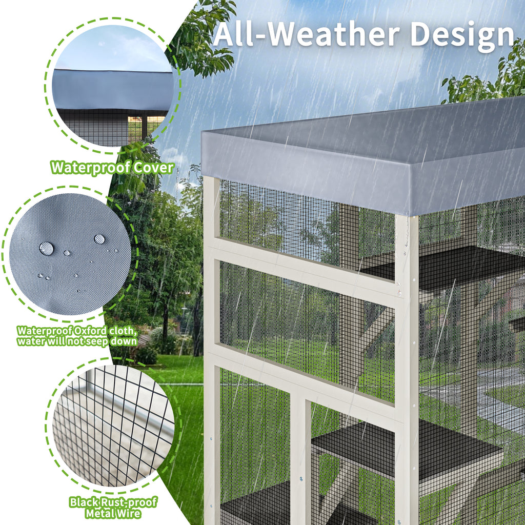 Wooden Catio Outdoor Cat Enclosure Large Cat House for Mulitiple Cats Walk ,2 Napping Boxes & Small Animal Cage, Outdoor Cat Catio with Waterproof Cover,Ramp