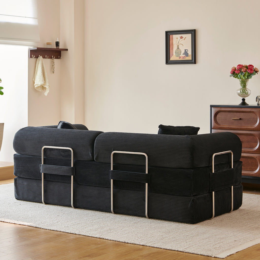 Compressed Convertible Floor Sofa Bed, Boneless Modular Sectional Futon Couch with Pillow Back & Armrest, Corduroy Fabric Loveseat for Living Room Bedroom, Black