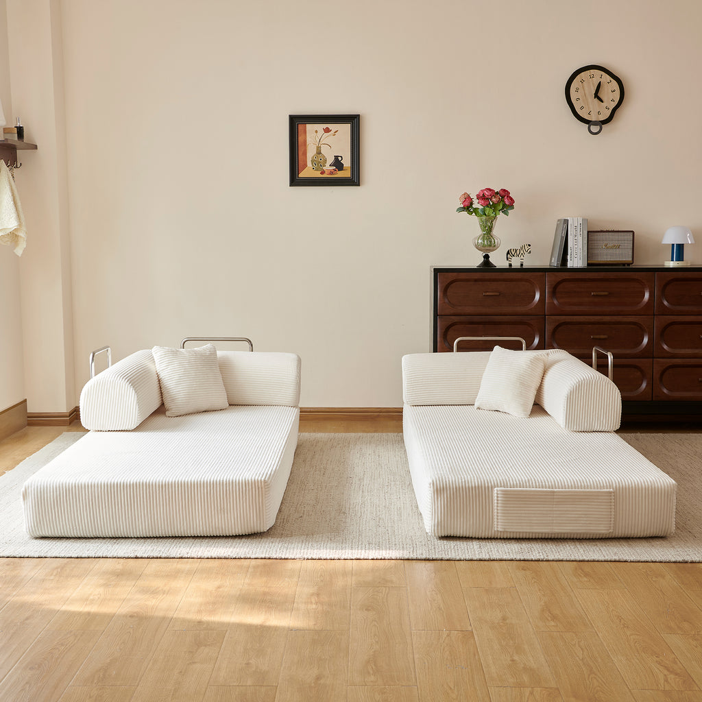 Compressed Convertible Floor Sofa Bed, Boneless Modular Sectional Futon Couch with Pillow Back & Armrest, Corduroy Fabric Loveseat for Living Room Bedroom, White