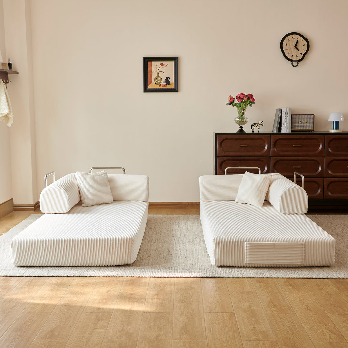 Compressed Convertible Floor Sofa Bed, Boneless Modular Sectional Futon Couch with Pillow Back & Armrest, Corduroy Fabric Loveseat for Living Room Bedroom, White