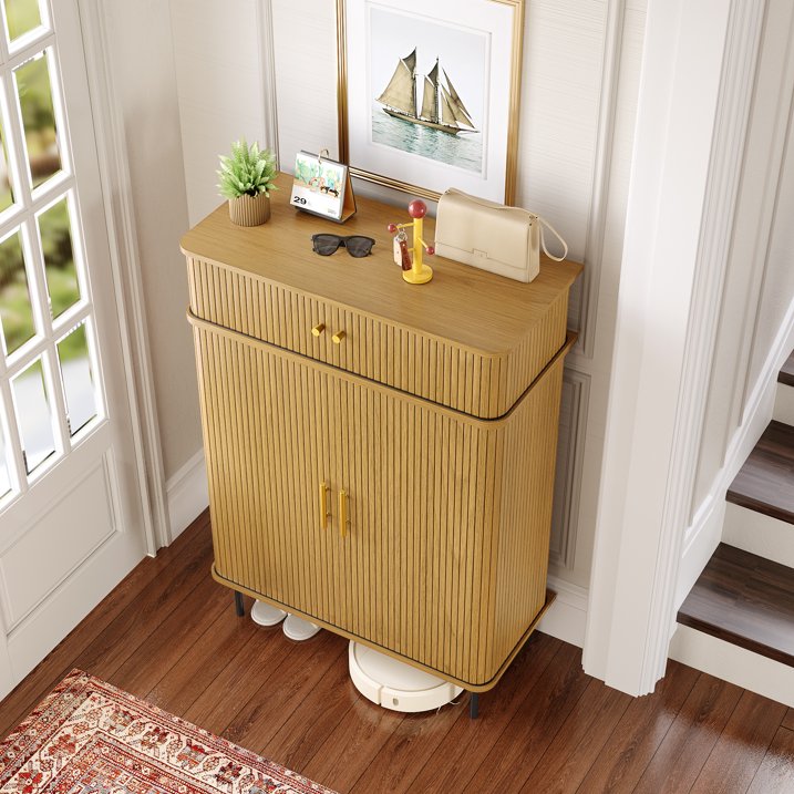 NYBOPAVIS 7-Tier Shoe Cabinet with Sliding Door, Storage Organizer with Adjustable Shelves, Freestanding Shoe Rack for Entryway, Natural