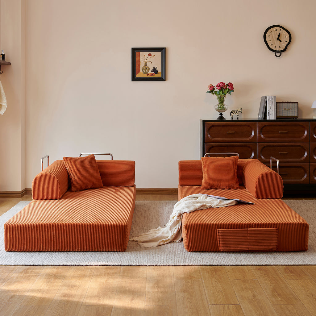Compressed Convertible Floor Sofa Bed, Boneless Modular Sectional Futon Couch with Pillow Back & Armrest, Corduroy Fabric Loveseat for Living Room Bedroom, Tangerine