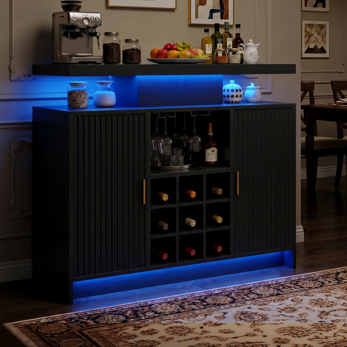 Coffee Bar Cabinet with Storage, LED & Charging Station, Wine Bar Cabinet with Glass Rack & Adjustable Shelves, Sideboard Buffet Cabinet for Home, Black