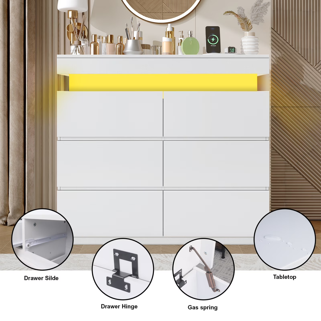 NYBOPAVIS 6 Drawer Dresser with Led Lights, 39" Wide White Wooden Dresser for Bedroom, Modern Chest of Drawers with Power Outlet & Flip Top Storage for Closet, Living Room, Entryway, Hallway