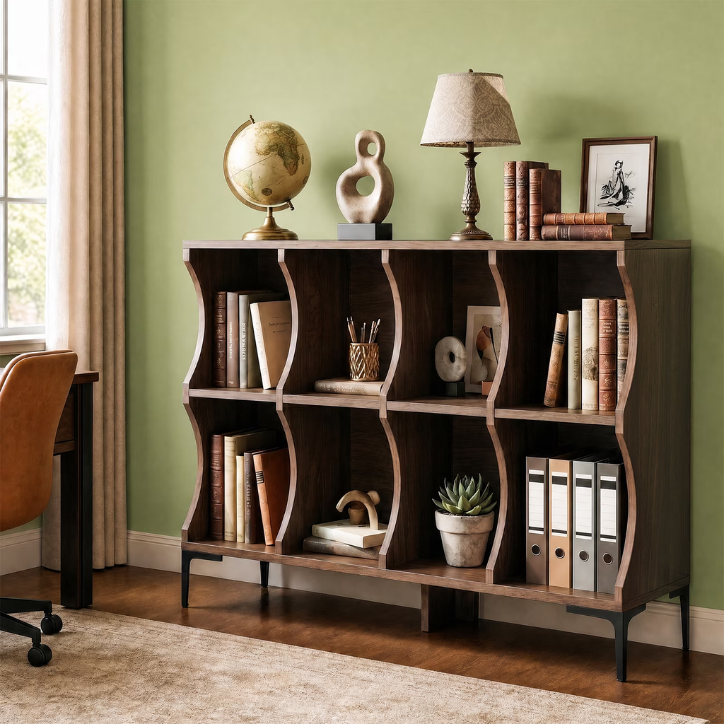NYBOPAVIS 49.6 Inch Horizontal Bookshelf, 8-Cube Storage Organizer with Base, 2-Tier Wooden Low Bookcase for Living Room, Bedroom, Home Office, Walnut