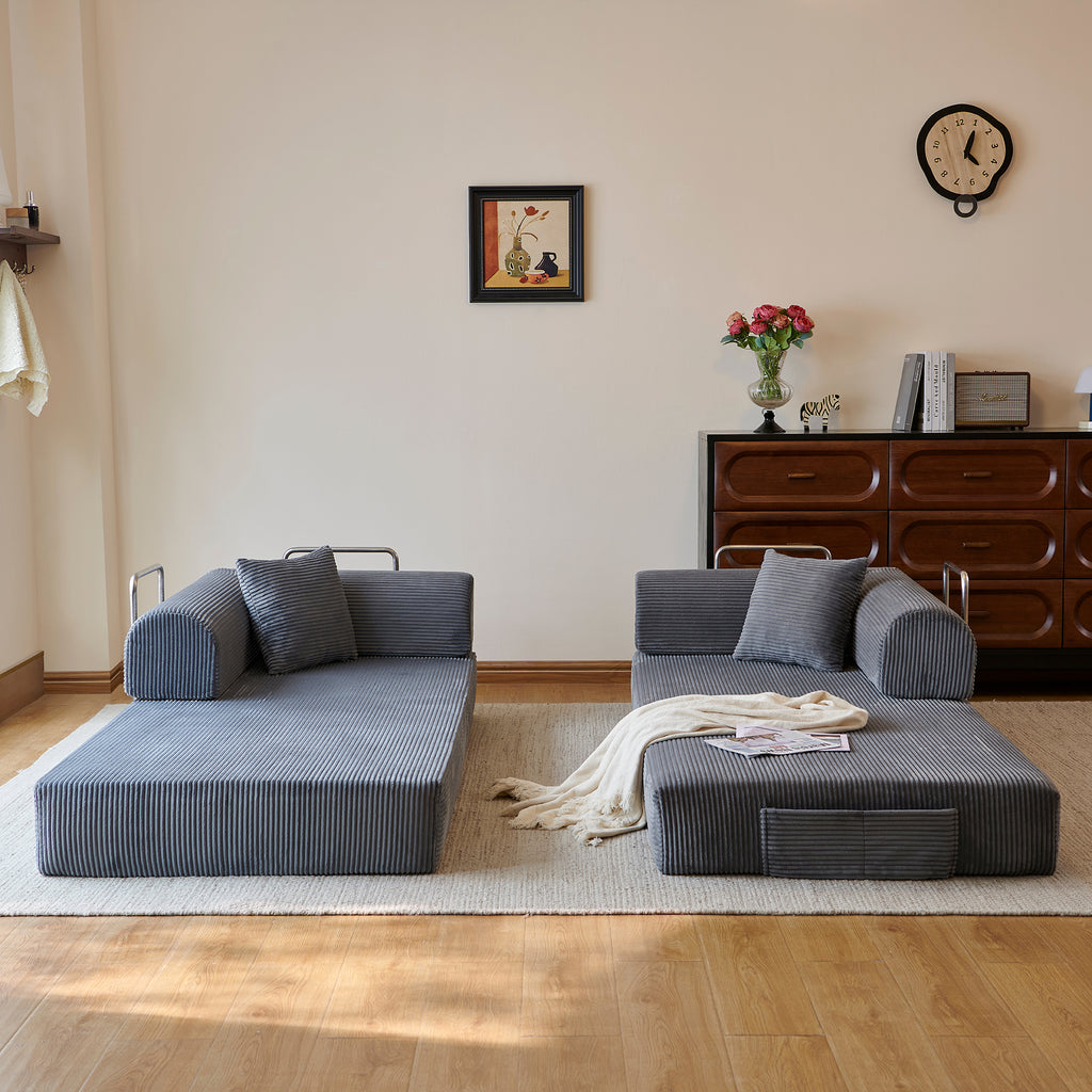 Compressed Convertible Floor Sofa Bed, Boneless Modular Sectional Futon Couch with Pillow Back & Armrest, Corduroy Fabric Loveseat for Living Room Bedroom, Grey
