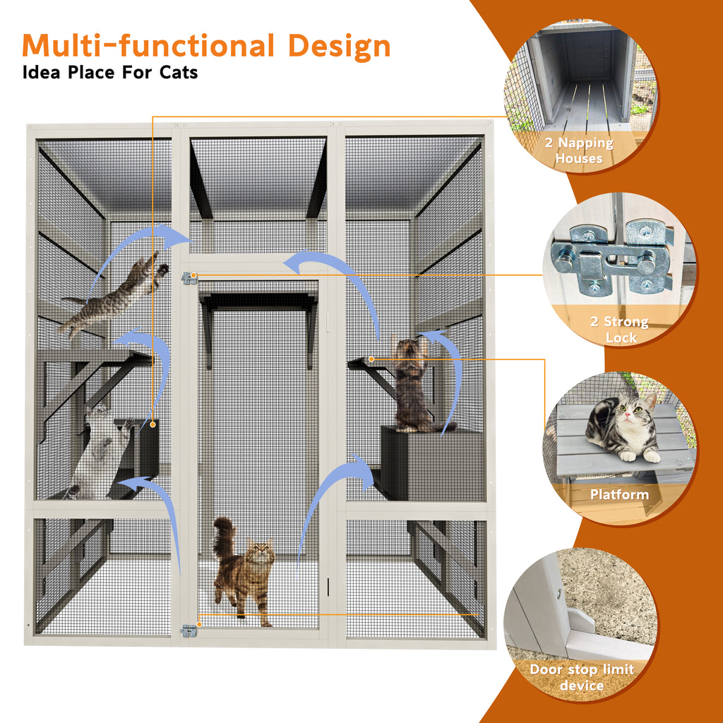 Outdoor Wooden Cat House Large Catio, Solid Wood Cat Cage Shelter Enclosure Playpen with Anti-UV& Waterproof, 5 Platforms and 2 Resting Boxes, Gray