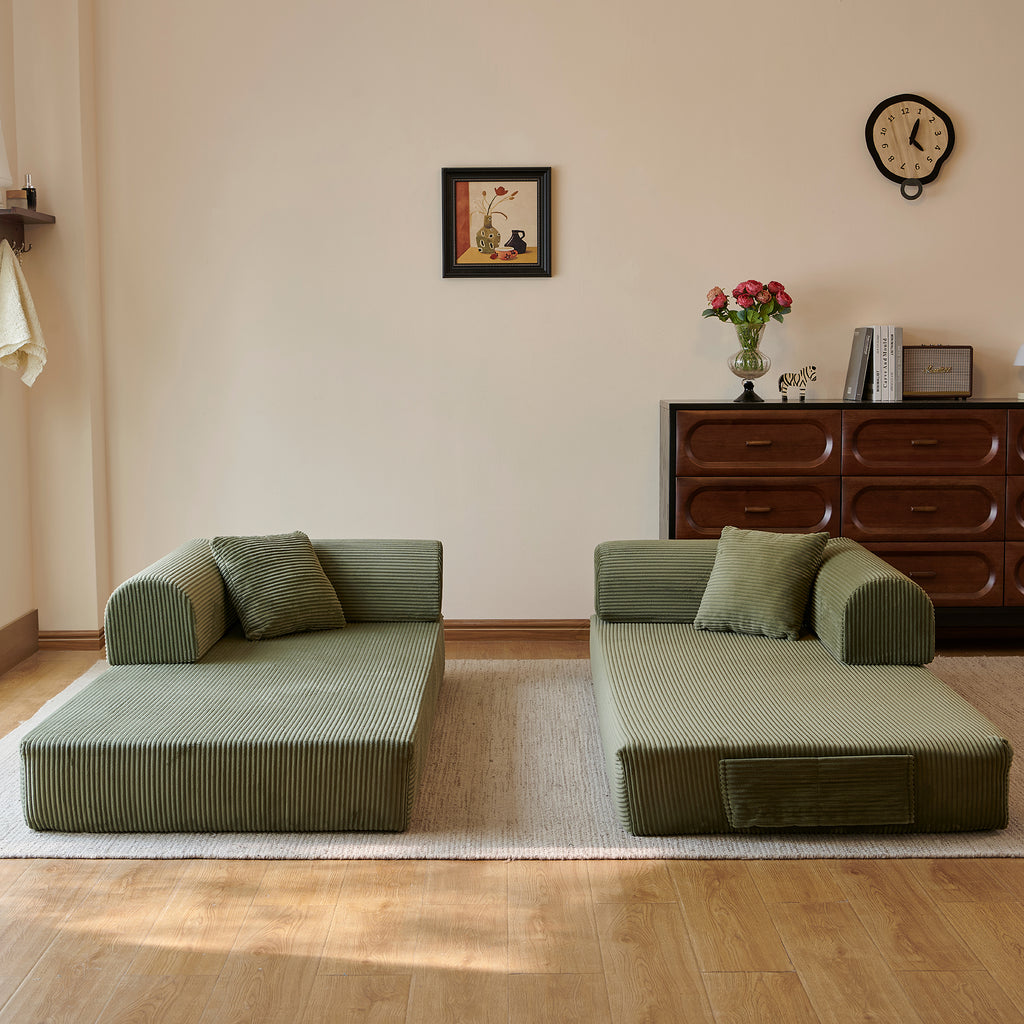 Compressed Convertible Floor Sofa Bed, Boneless Modular Sectional Futon Couch with Pillow Back & Armrest, Corduroy Fabric Loveseat for Living Room Bedroom, Green