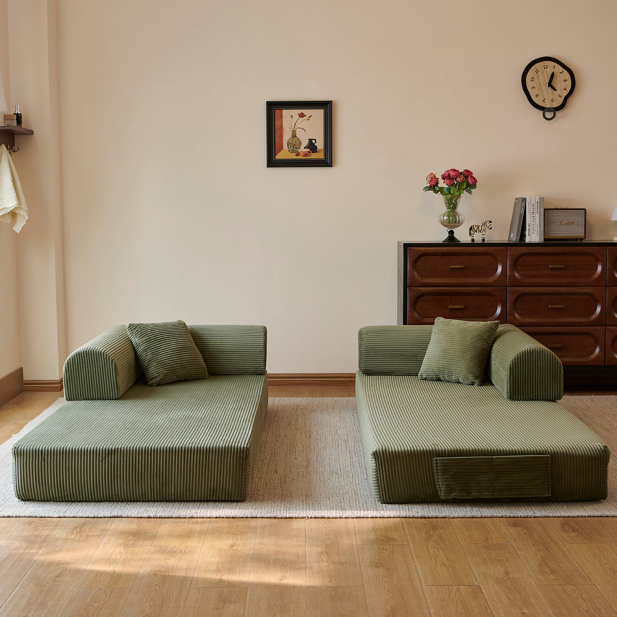 Compressed Convertible Floor Sofa Bed, Boneless Modular Sectional Futon Couch with Pillow Back & Armrest, Corduroy Fabric Loveseat for Living Room Bedroom, Green