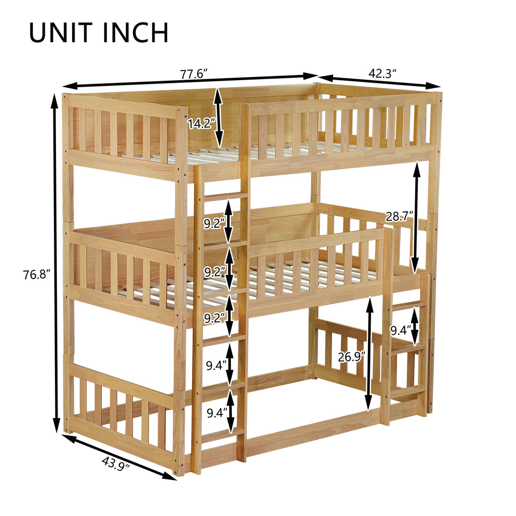 Triple Bunk Bed Frame, Convertible to 3 Single Beds, Solid Wood Bed with Ladders & Guardrails, Natural