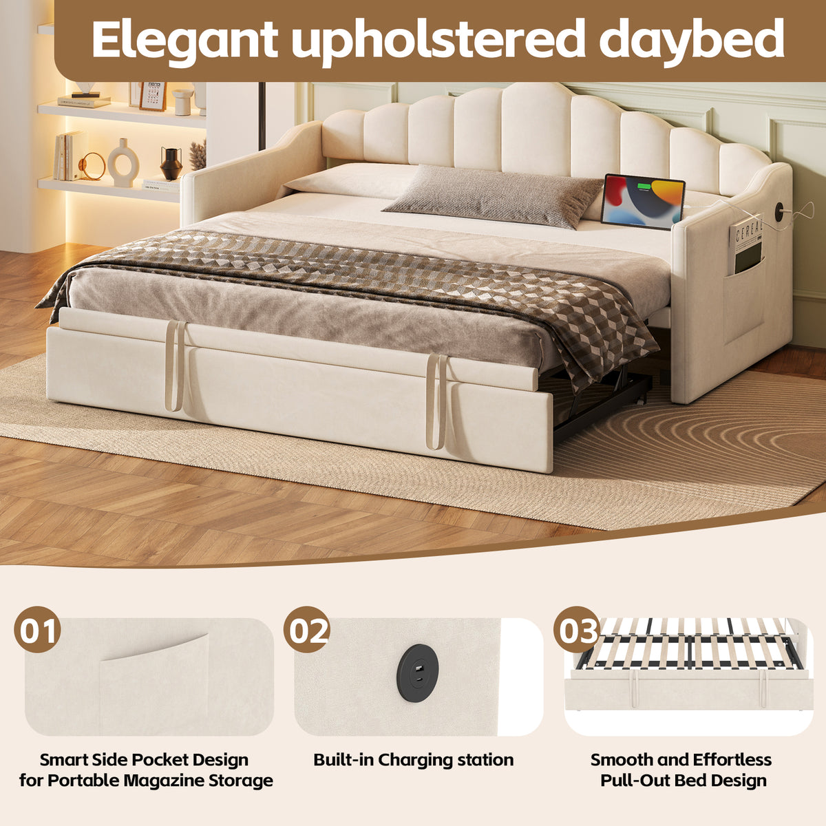 Upholstered Twin Size Daybed Bed with Charging Station & 2 Side Pockets,Velvet Daybed Frame with Adjustable Height Pop Up Trundle for Guest Room, Home Office,Beige