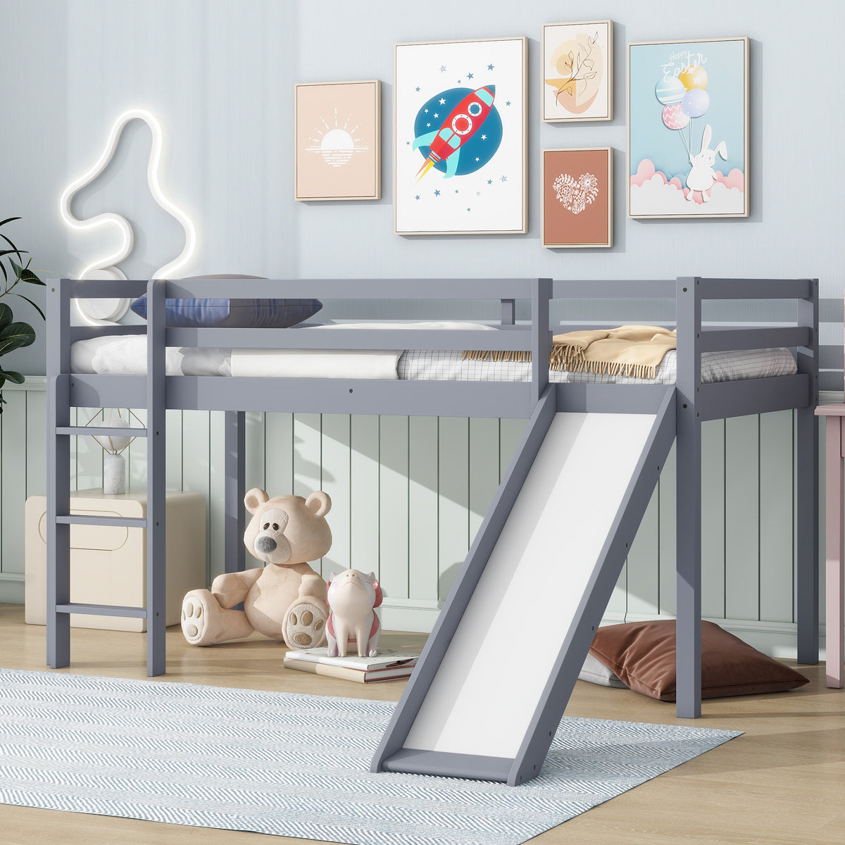 Twin Loft Bed with Slide, Solid Wood Elevated Bed Frame, Space Saving Loft Bed for Small Space Bedroom, Gray
