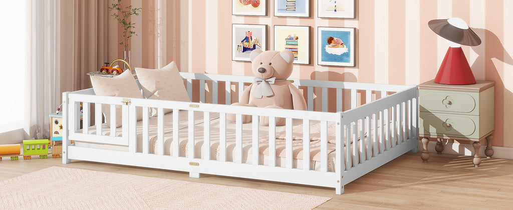 NYBOPAVIS Full Size Floor Bed with Fence&Door,Rubber Wood Floor Bed with Safety Guardrails, Montessori Bed Boys, Girls,White