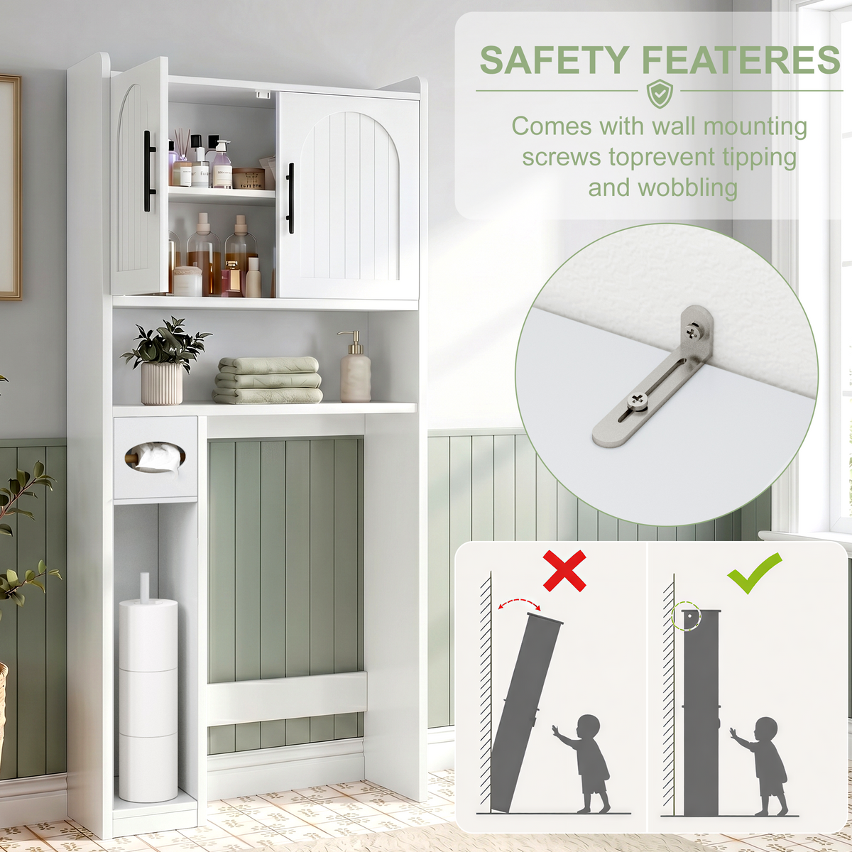 NYBOPAVIS Over The Toilet Storage Shelf with Adjustable Shelf & Toilet Paper Holder,3-Tier Freestanding Over Toilet Storage Rack，White