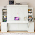 Queen Size Murphy Bed with Desk & Power Outlet, Space-Saving Wood Wall Bed with Cabinets & Drawers, Antique White