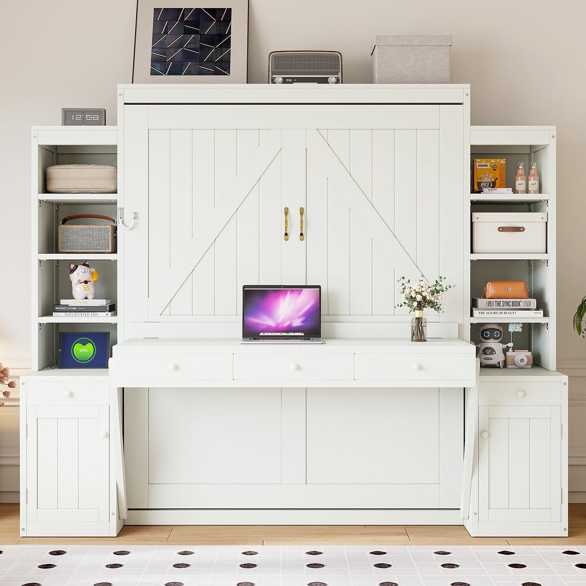 Queen Size Murphy Bed with Desk & Power Outlet, Space-Saving Wood Wall Bed with Cabinets & Drawers, Antique White