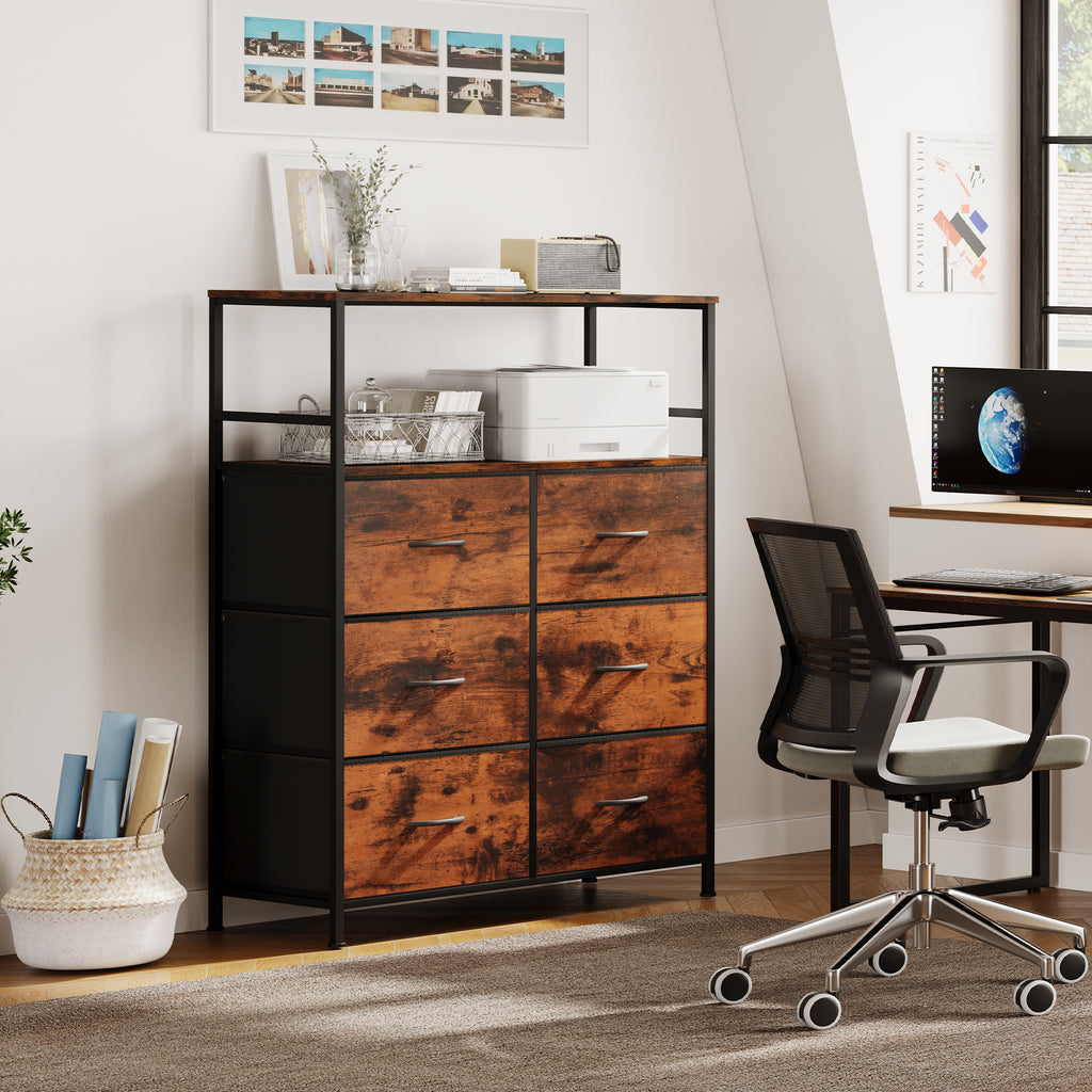 File Storage Cabinet with Adjusted Size 6 Drawers,4 Wheels Vertical Wood File Cabinet for Hanging A4/F4/Letter/Legal Rustic Brown