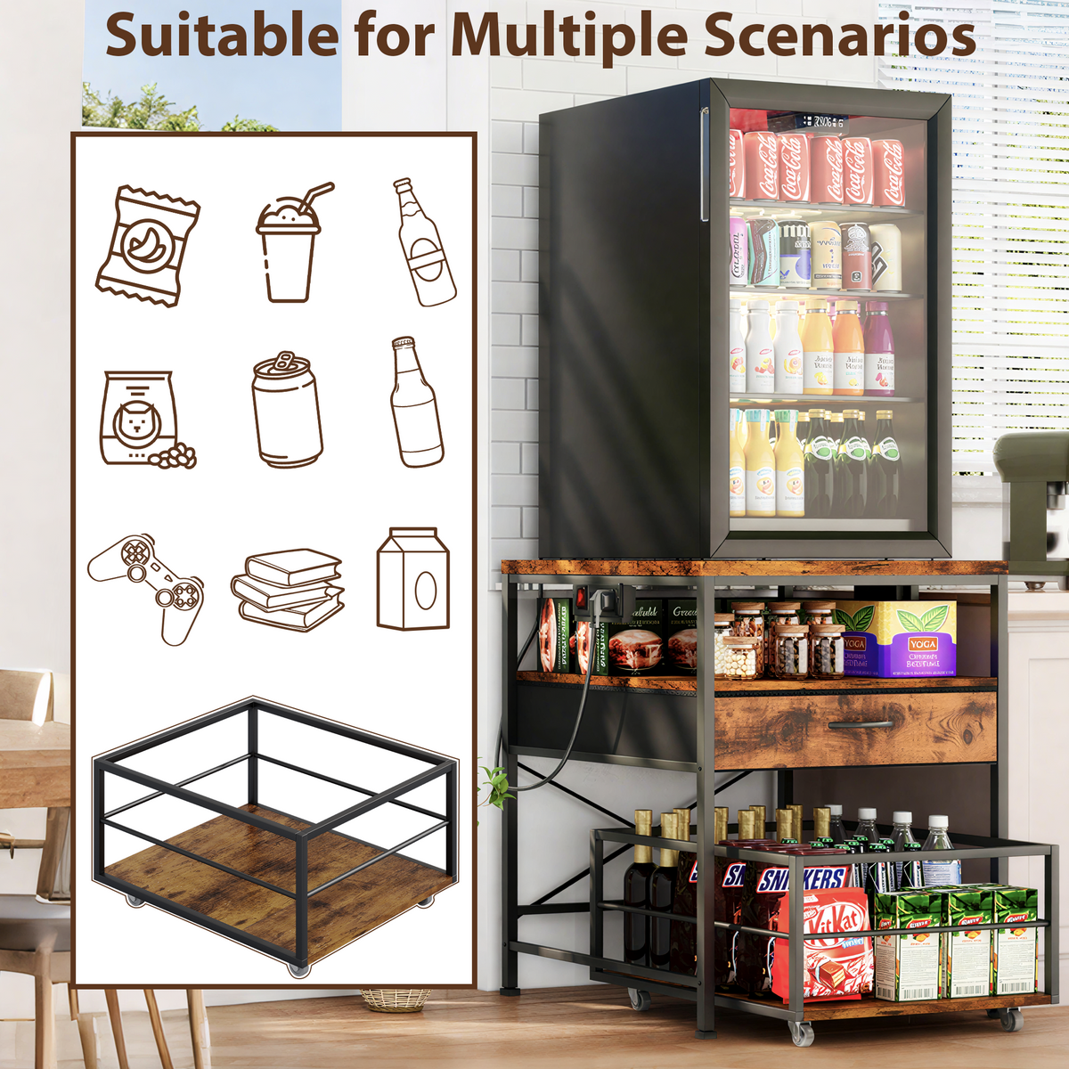 Mini Fridge Stand with Drawer Storage and Power Outlet, Heavy Duty Mobile Mini Fridge Shelf with Wheels, Beverage Refrigerator Table Stand,Brown