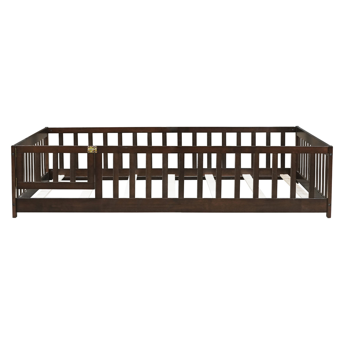 NYBOPAVIS Full Size Floor Bed with Fence&Door,Rubber Wood Floor Bed with Safety Guardrails, Montessori Bed Boys, Girls,Espresso