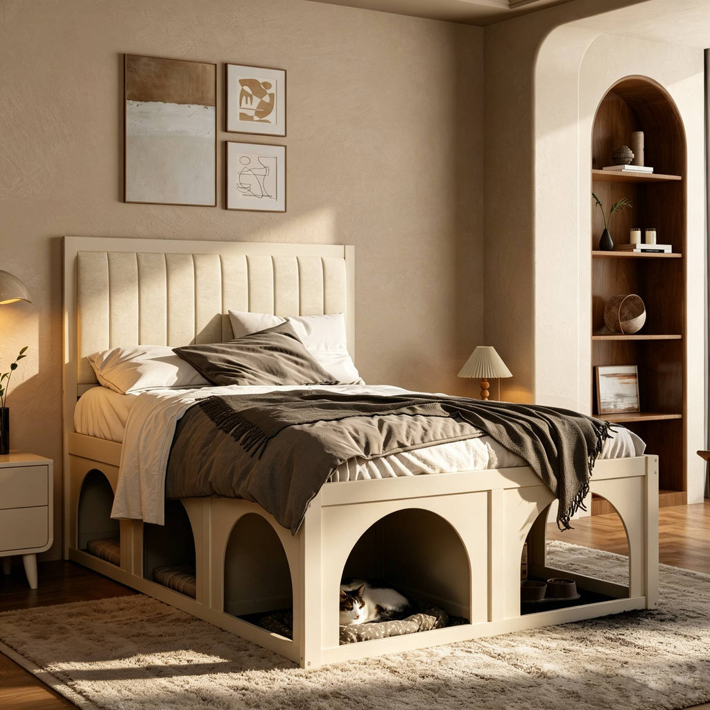 NYBOPAVIS Full Size Bed Frame with Nook & Storage,Upholstered Platform Bed for Bedroom,Office,Guest Room, Beige