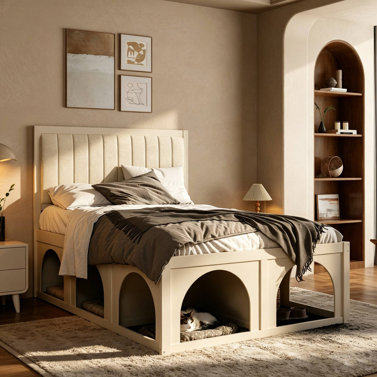 NYBOPAVIS Full Size Bed Frame with Nook & Storage,Upholstered Platform Bed for Bedroom,Office,Guest Room, Beige