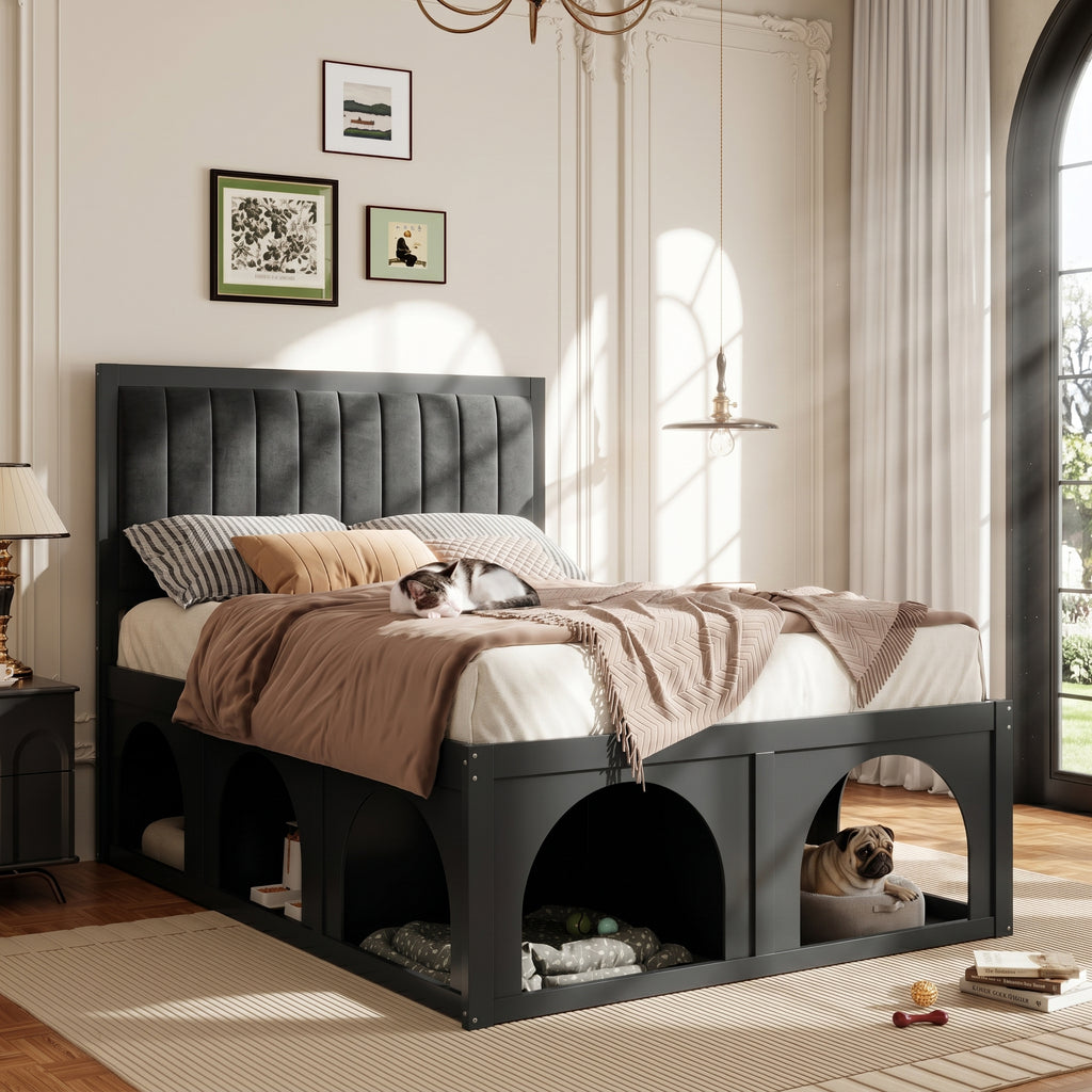 NYBOPAVIS Full Size Bed Frame with Nook & Storage,Upholstered Platform Bed for Bedroom,Office,Guest Room, Black