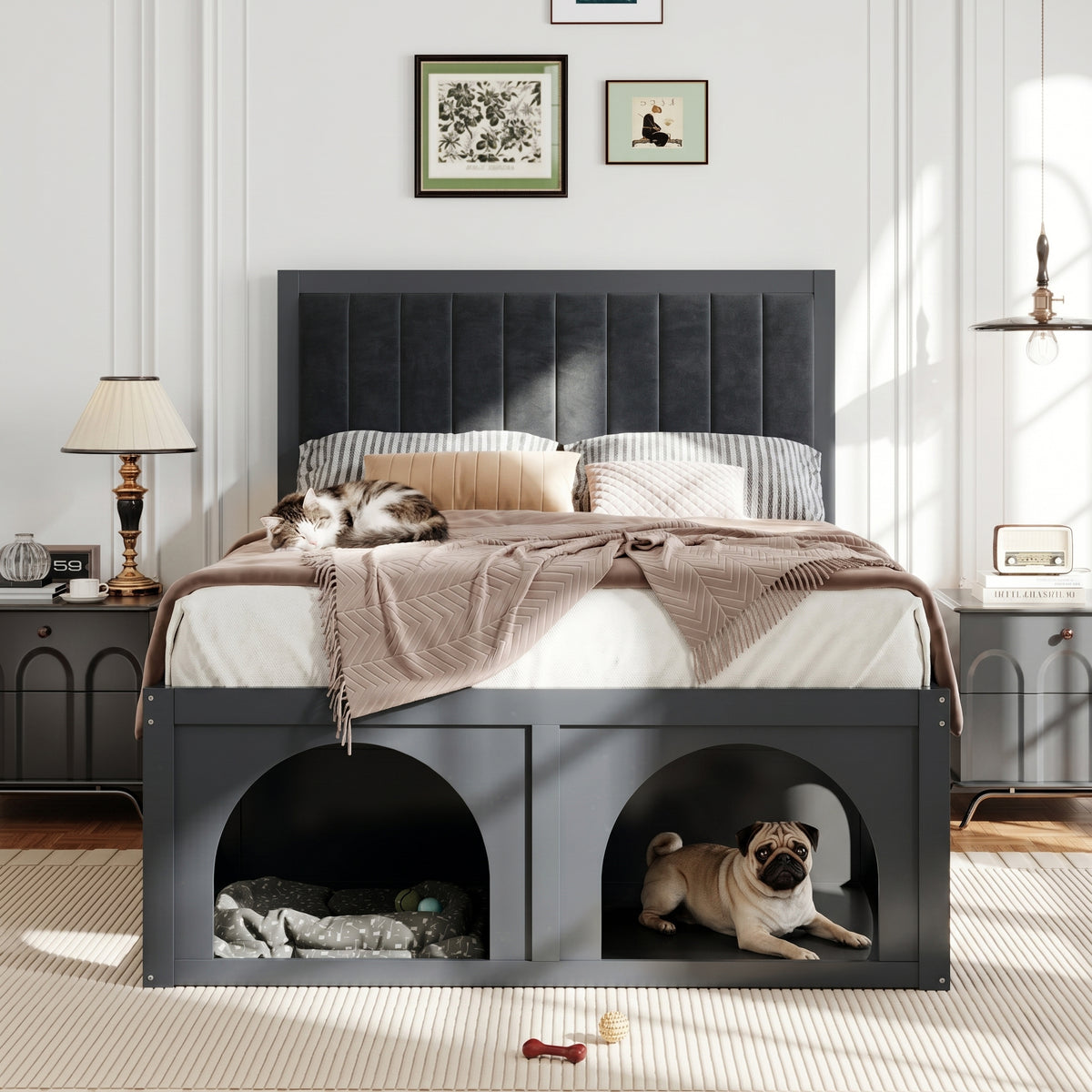 NYBOPAVIS Full Size Bed Frame with Nook & Storage,Upholstered Platform Bed for Bedroom,Office,Guest Room, Black