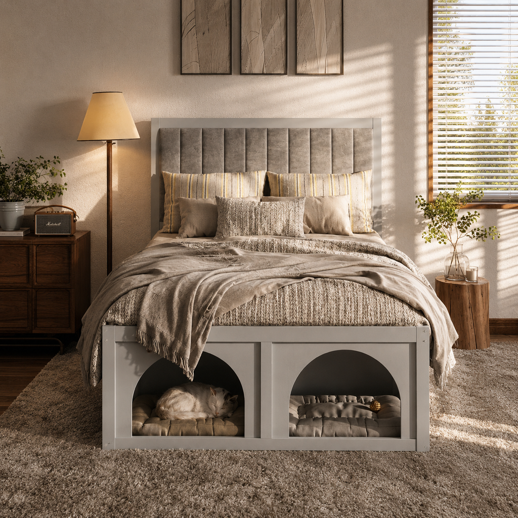 NYBOPAVIS Full Size Bed Frame with Nook & Storage,Upholstered Platform Bed for Bedroom,Office,Guest Room, Light Grey