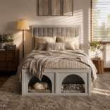 NYBOPAVIS Full Size Bed Frame with Nook & Storage,Upholstered Platform Bed for Bedroom,Office,Guest Room, Light Grey