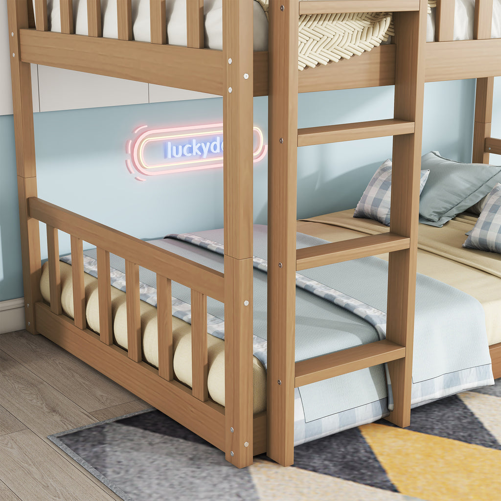 Triple Bunk Bed Frame, Convertible to 3 Single Beds, Solid Wood Bed with Ladders & Guardrails, Natural