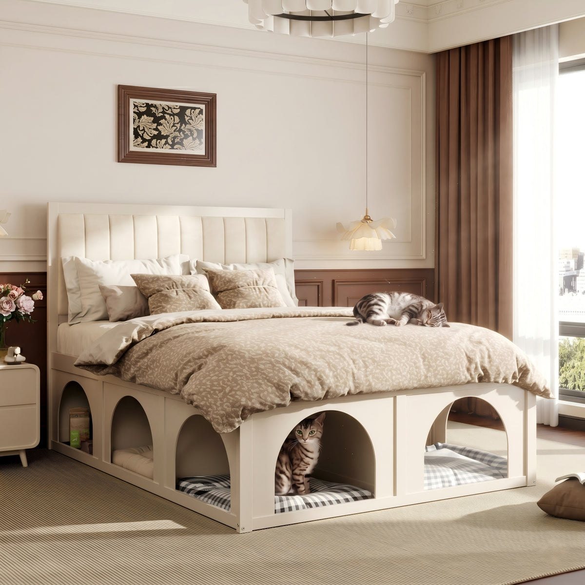 NYBOPAVIS Queen Size Bed Frame with Nook & Storage,Upholstered Platform Bed for Bedroom,Office,Guest Room, Beige
