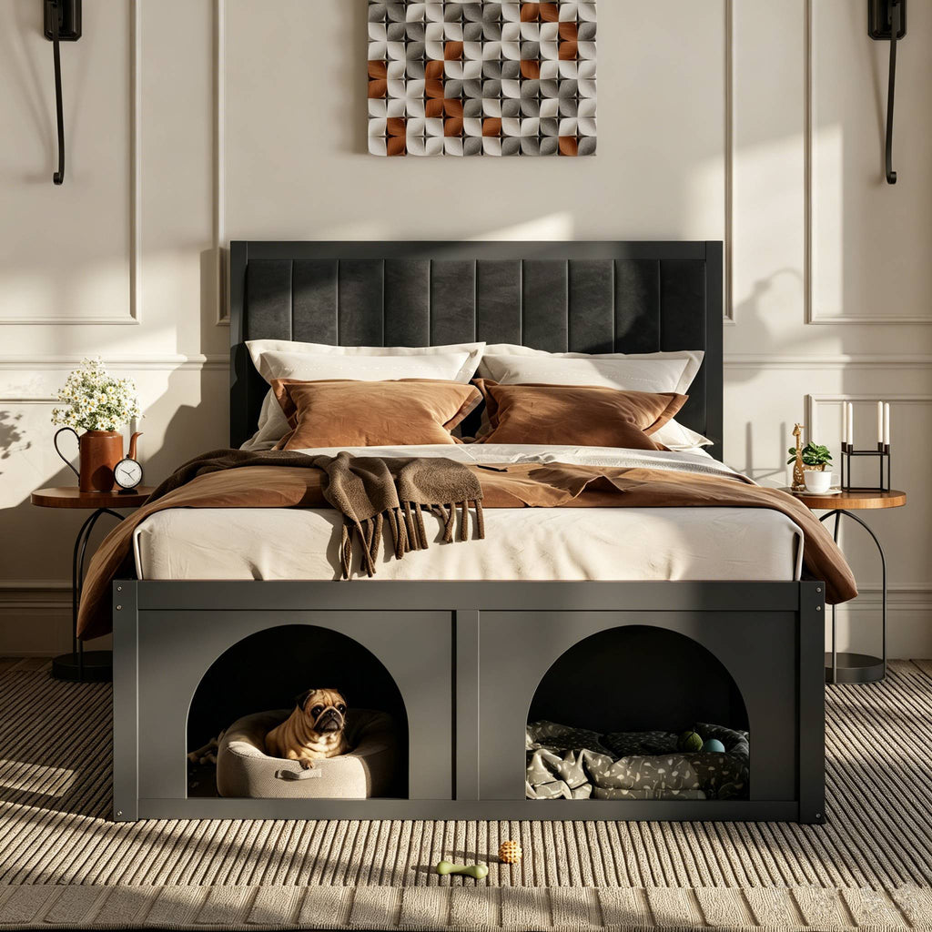 NYBOPAVIS Queen Size Bed Frame with Nook & Storage,Upholstered Platform Bed for Bedroom,Office,Guest Room, Black