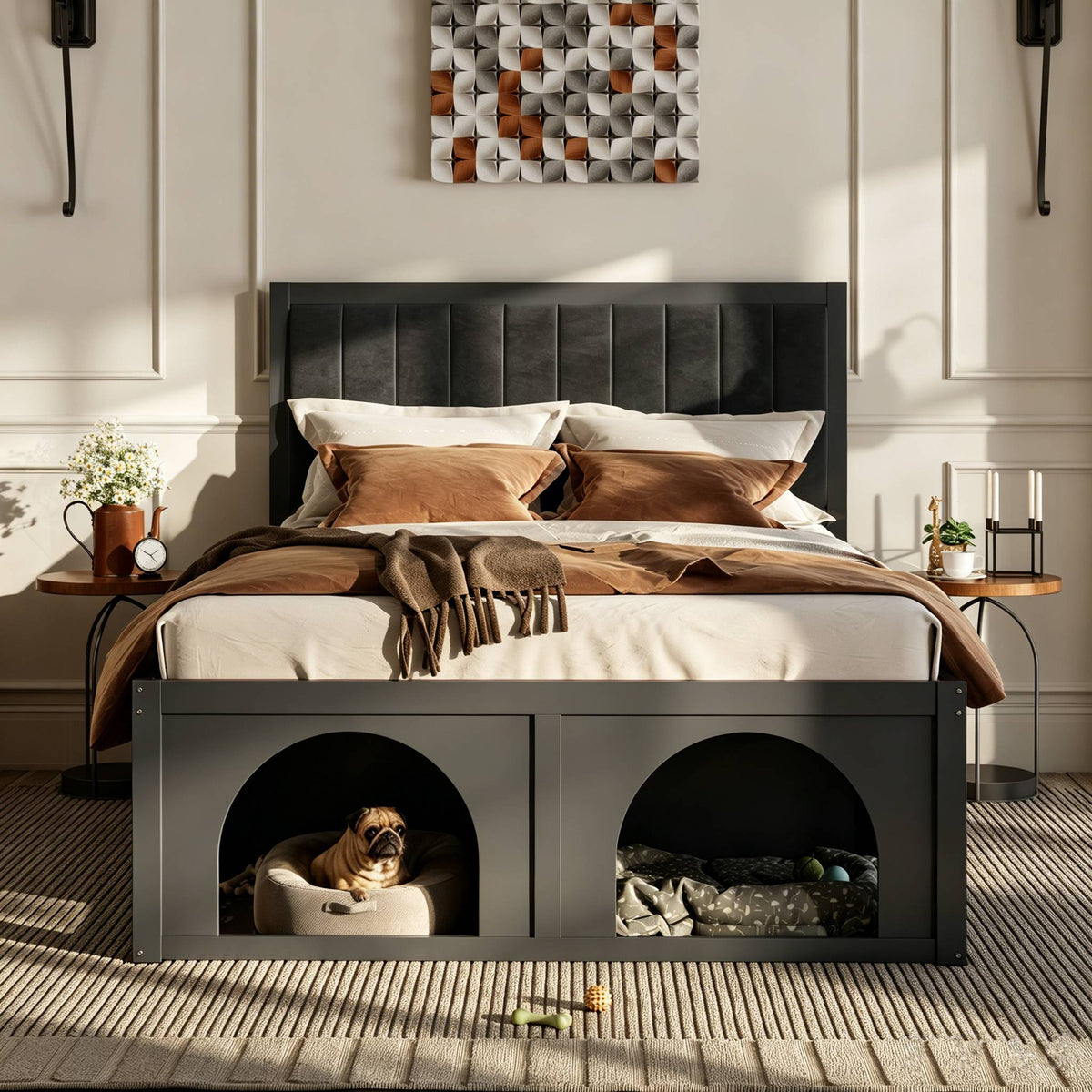 NYBOPAVIS Queen Size Bed Frame with Nook & Storage,Upholstered Platform Bed for Bedroom,Office,Guest Room, Black