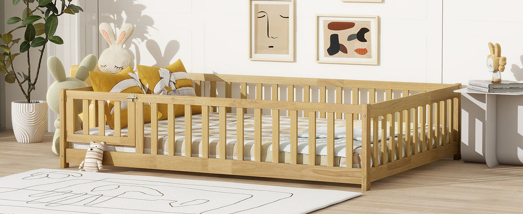 NYBOPAVIS Full Size Floor Bed with Fence&Door,Rubber Wood Floor Bed with Safety Guardrails, Montessori Bed Boys, Girls,Natural