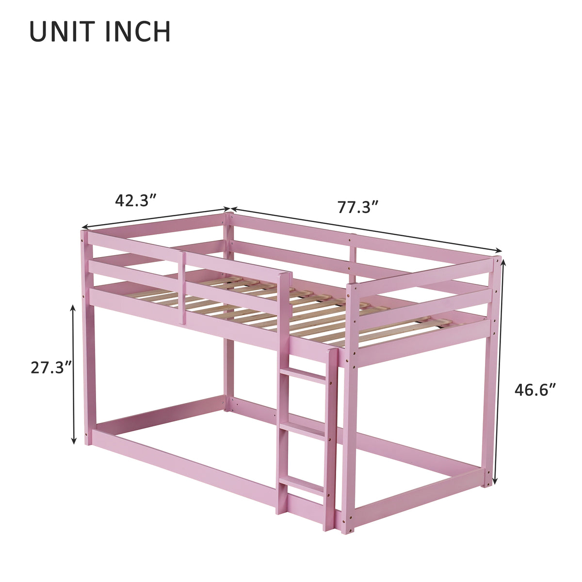 Twin Size Bunk Bed Frame, Wooden Bed Frame with Ladder, Bunk Bed with Guardrail for Bedroom, Pink