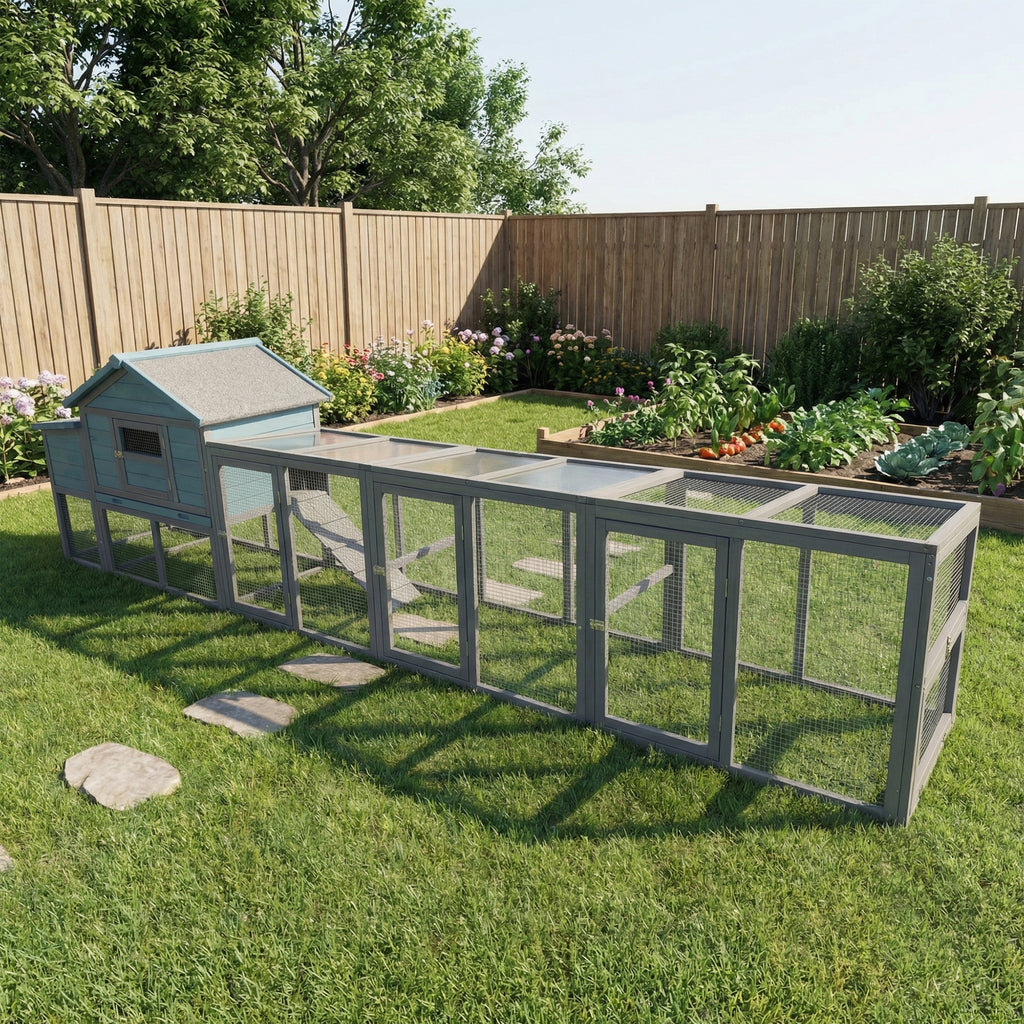 141＂Large Wooden Chicken Coop,21.2ft² Outdoor Hen House with Nesting Box,Wire Fence, Waterproof & Anti-UV Panel,Poultry Cage