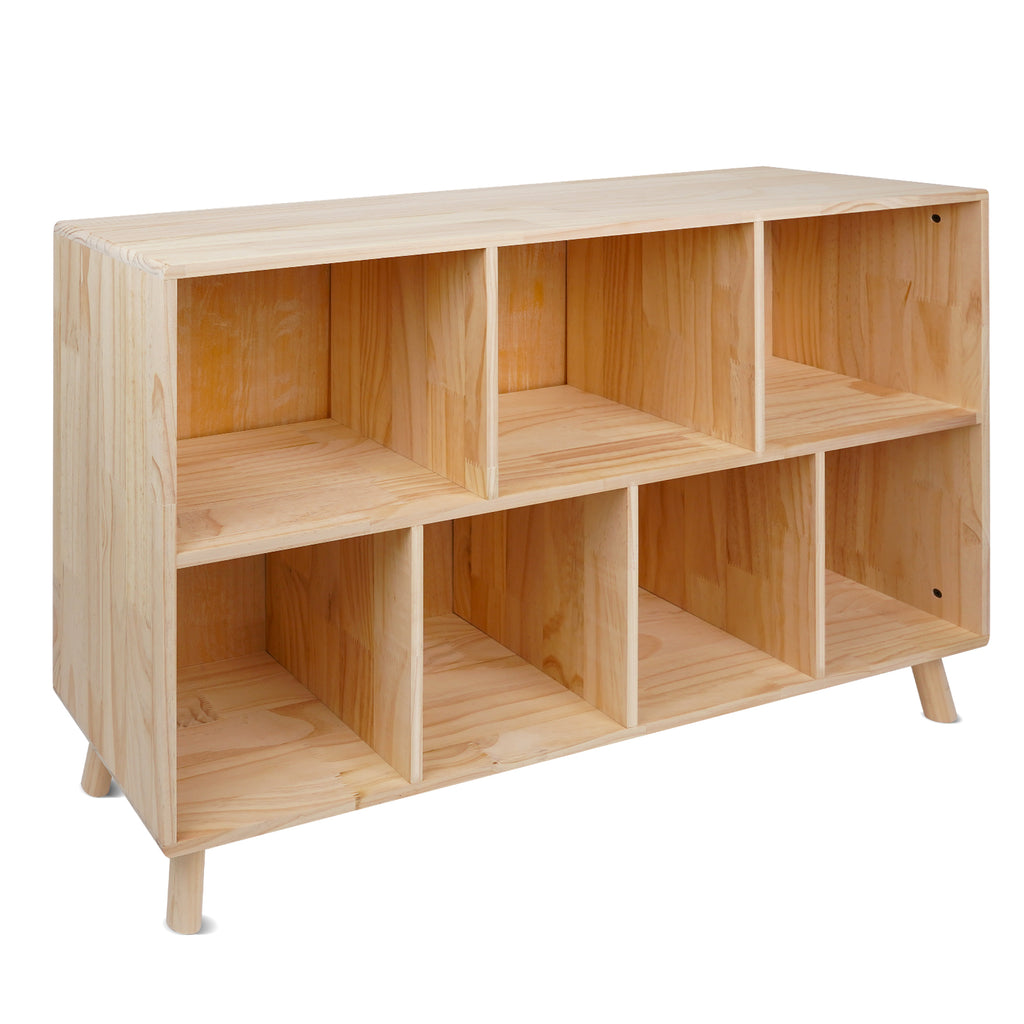Bookshelf with 7 Cube,Pine Modern Wooden Bookcase with Storage Organizer for Home, Office, Natural
